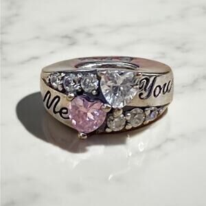 Sterling Silver You & Me Cubic Zirconia Hearts Bracelet Spacer Bead Charm NIP